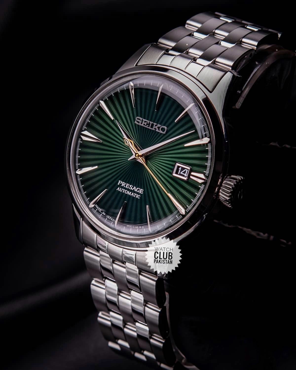 Seiko Presage Automatic Green Dial 'Cocktail Time' Brown Leather Strap Model:Srpe15