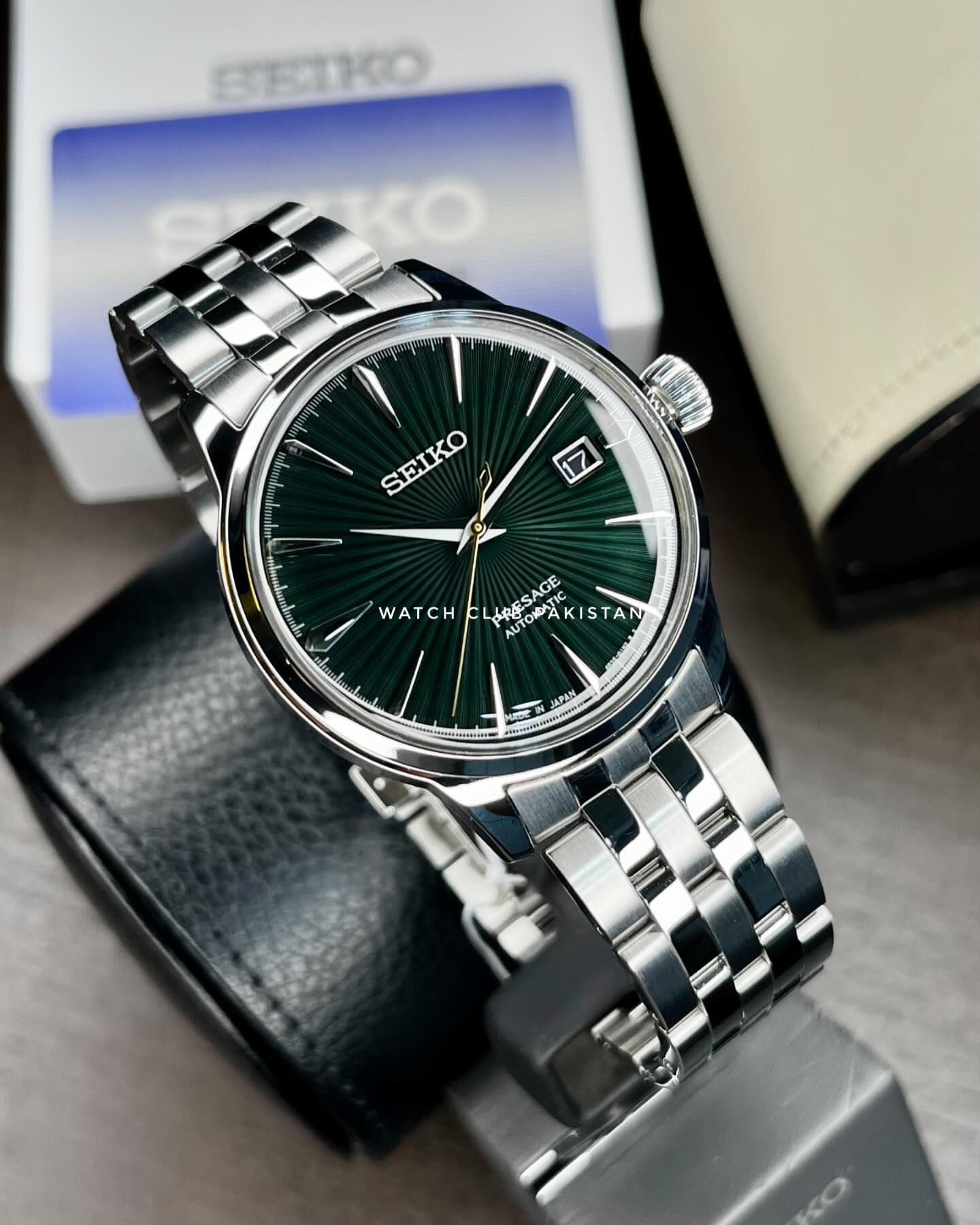 Seiko Presage Automatic Green Dial 'Cocktail Time' Brown Leather Strap Model:Srpe15