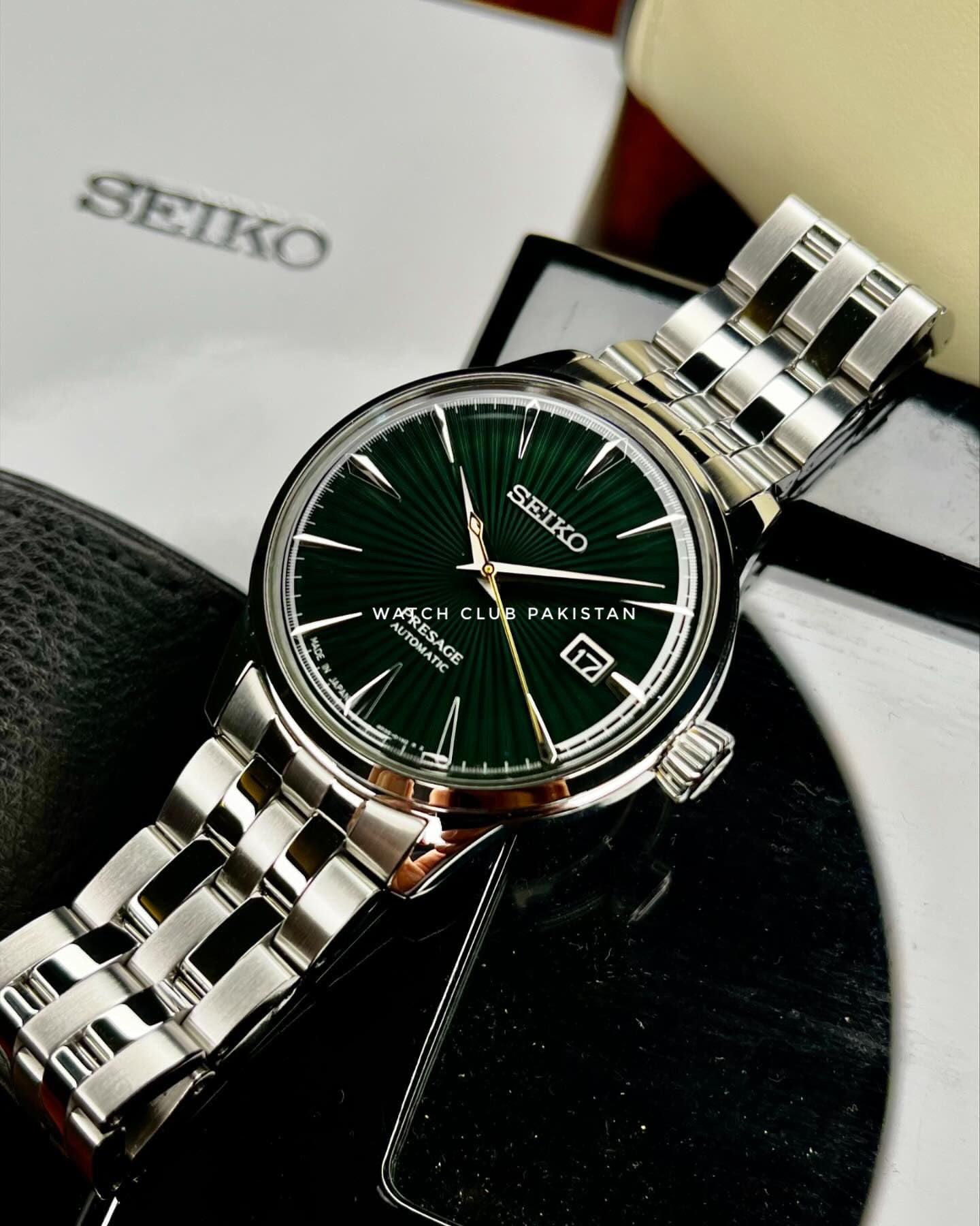 Seiko Presage Automatic Green Dial 'Cocktail Time' Brown Leather Strap Model:Srpe15