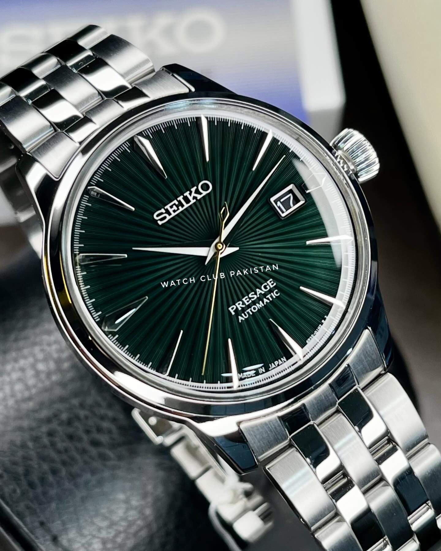 Seiko Presage Automatic Green Dial 'Cocktail Time' Brown Leather Strap Model:Srpe15