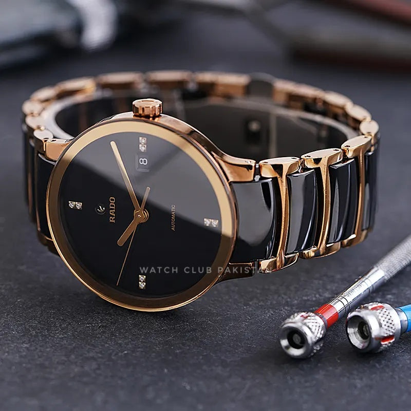 Rado Centrix Ceramic Black Diamond Dial high tech ceramic with Rose Gold Accents Ref:R300336712 Brand-New 38mm