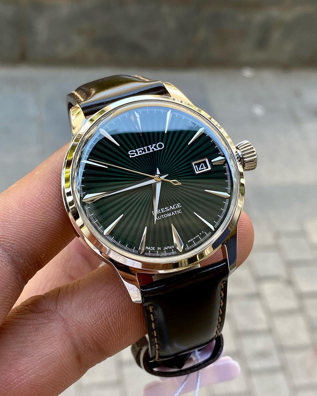 Seiko Presage Automatic Green Dial Cocktail Time Brown Leather Strap Srpd37j1