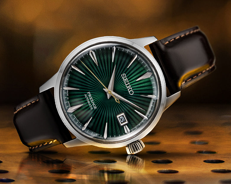 Seiko Presage Automatic Green Dial 'Cocktail Time' Brown Leather Strap