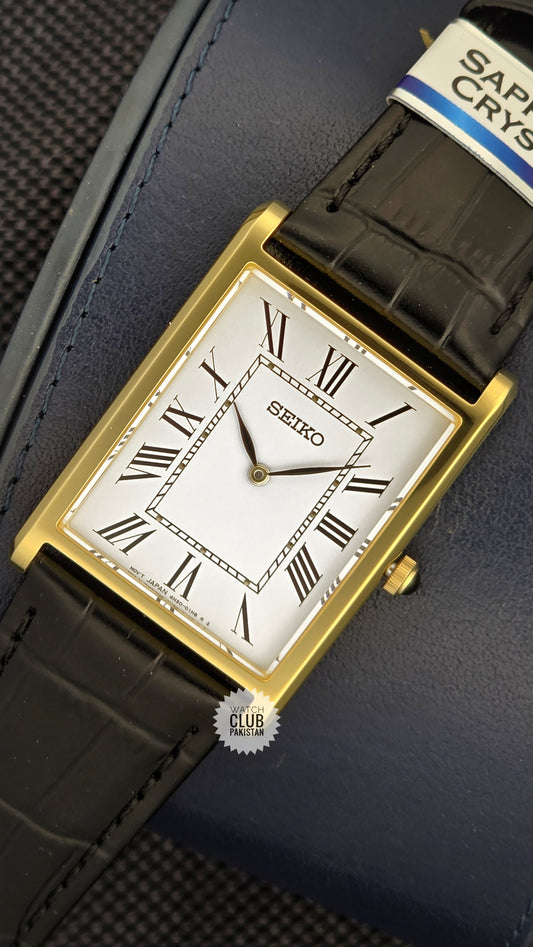 Seiko Tank Ref: SWR104P1 Large size Mens Watch golden case PVD (Brand-New) Sapphire Crystal
